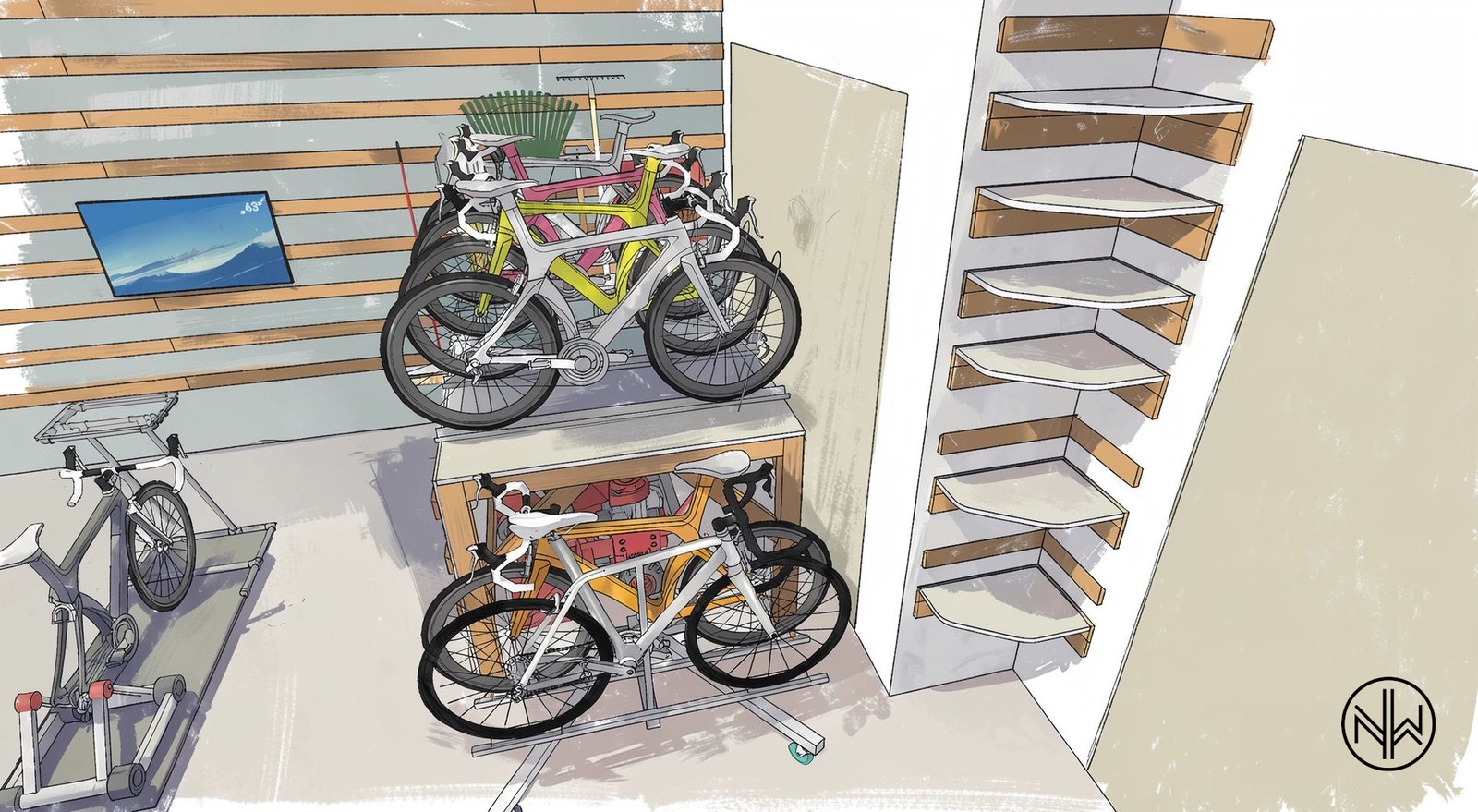 Rendering of the bike platform and the wall between the garage doors