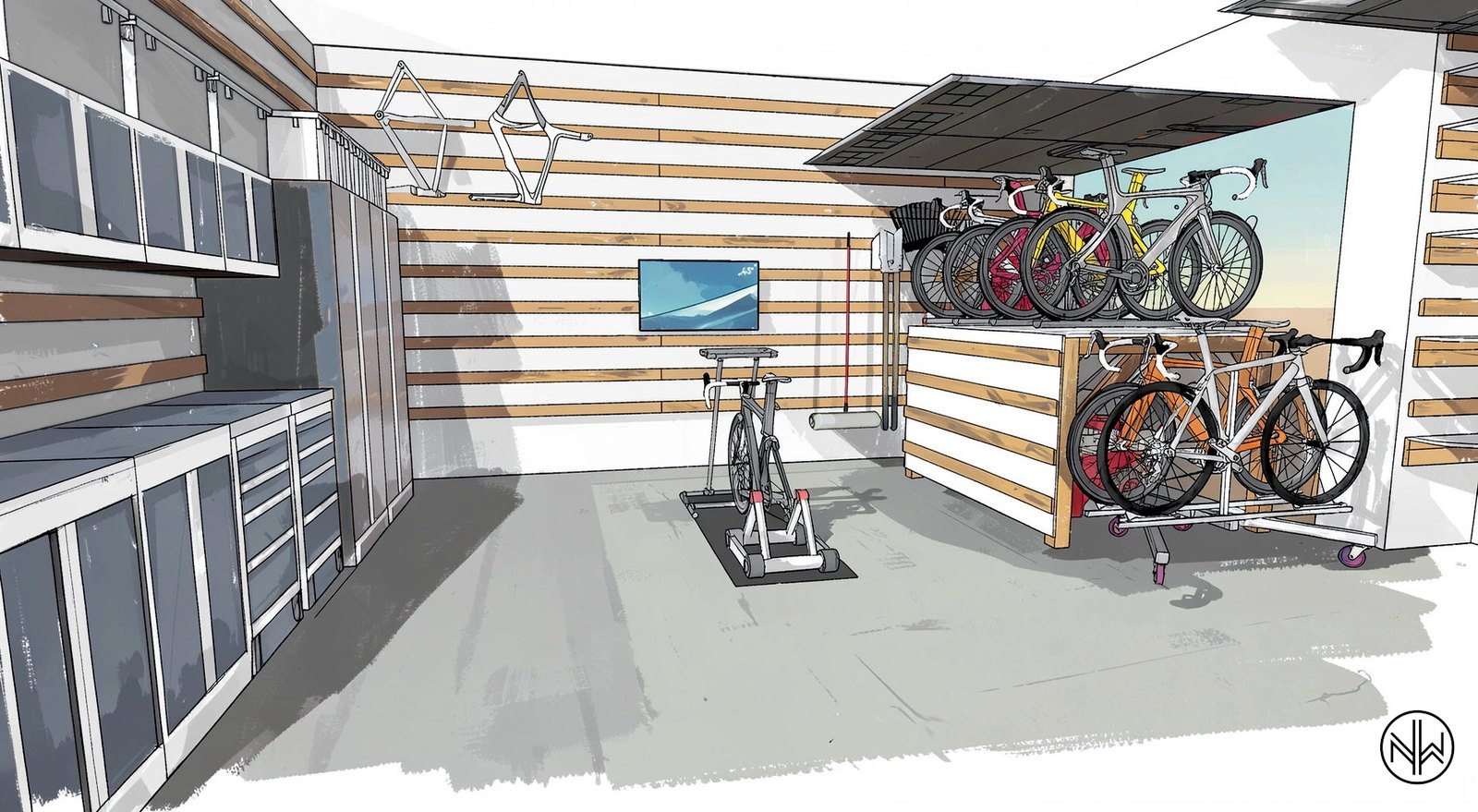 Rendering of the bike zone with stationary trainer, wall-mounted monitor and four bikes on an elevated platform