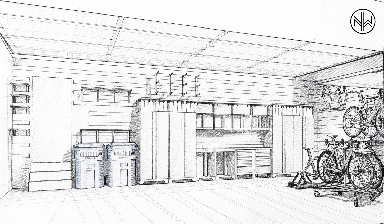 Line drawing of the cabinet run on the home storage side, with french cleat above and the bike platform at right