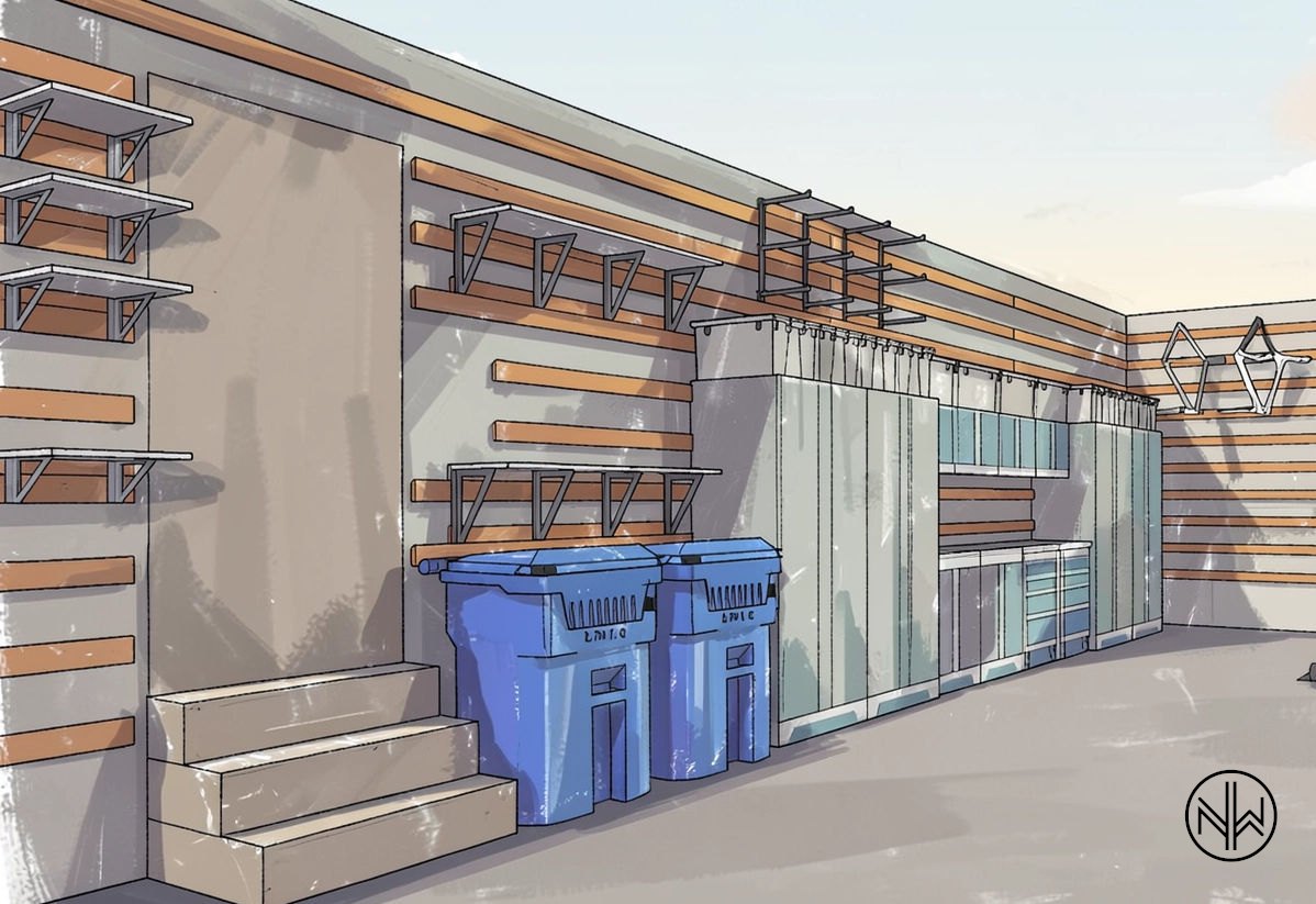 Rendering of the cabinet run and french cleat wall on the home storage side