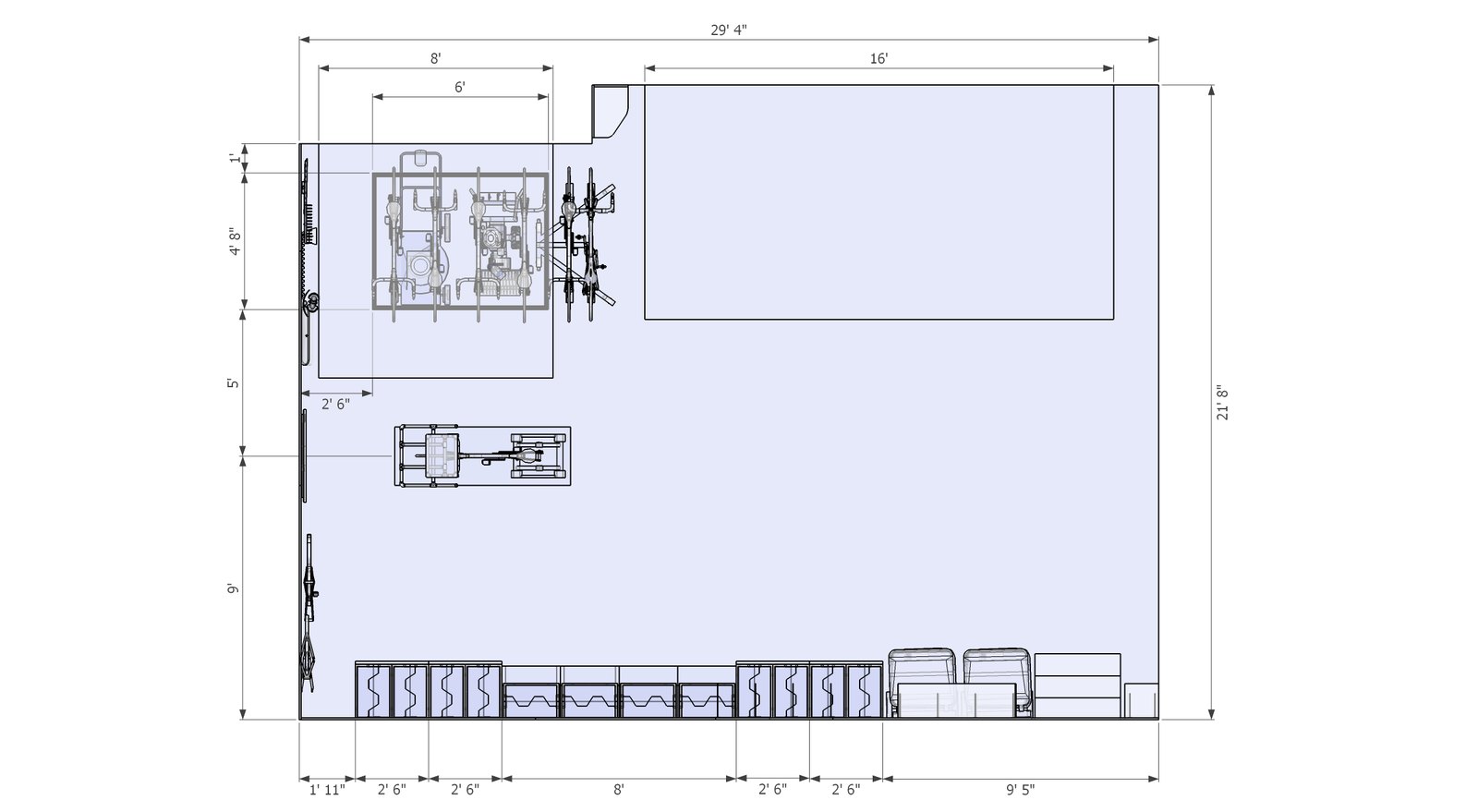 Dimensioned model floor plan of the garage layout