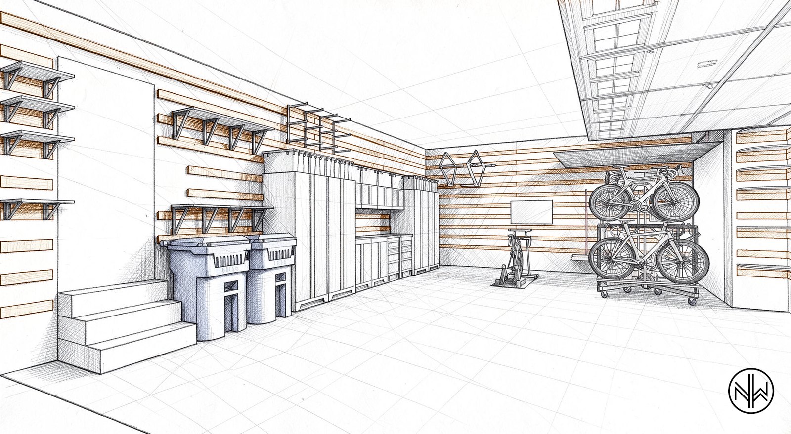 Line drawing of the full garage layout with cabinet run, french cleat walls and elevated bike platform