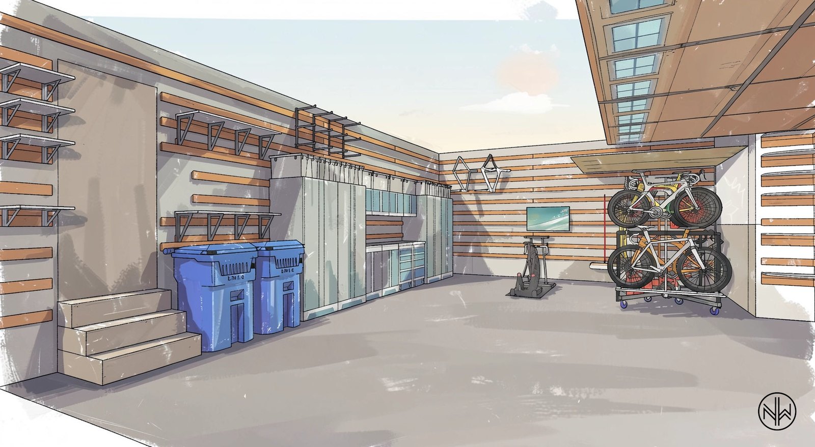 Colored rendering of the full garage layout with continuous cabinet run, french cleat walls, trainer and bike platform