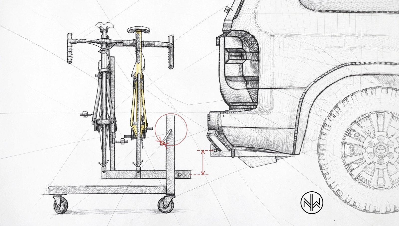 Concept sketch of a height-adjustable rolling dolly that lifts a loaded bike hitch rack to vehicle receiver height