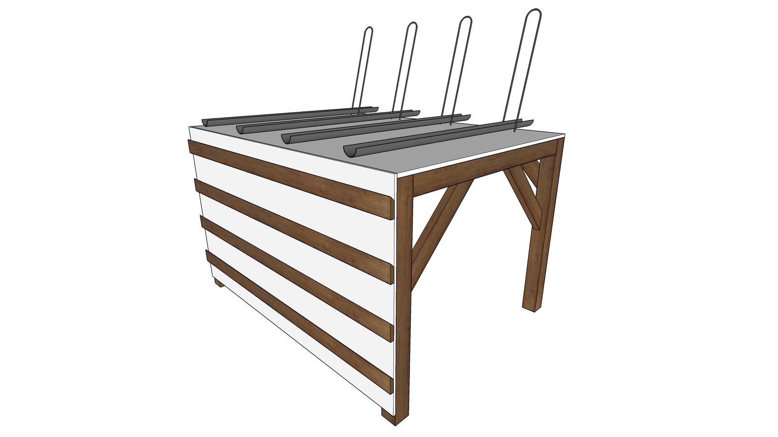 Three-dimensional drawing of the freestanding bike platform and mower shelter framing