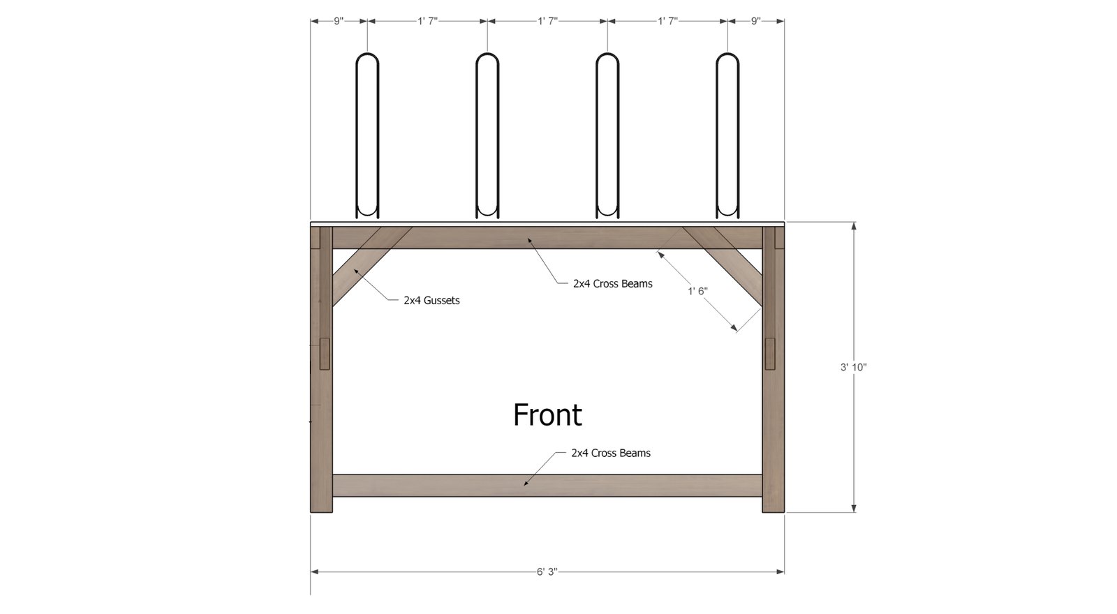 Dimensioned front elevation of the bike platform framing