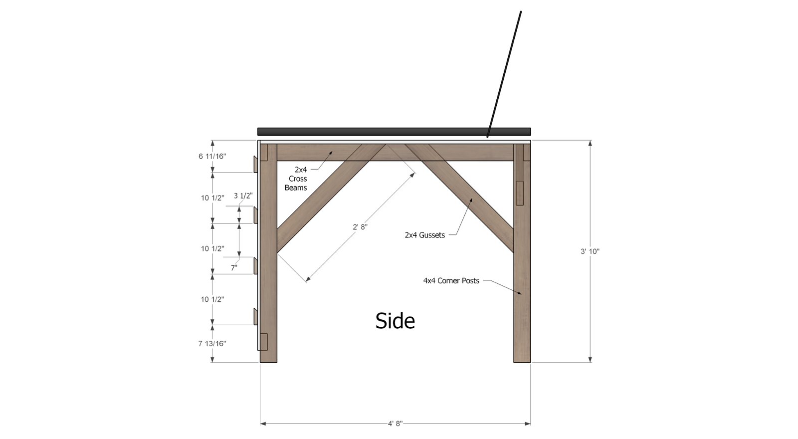 Dimensioned side elevation of the bike platform framing