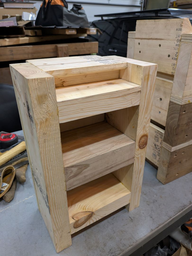 Wheel crib stood on end showing internal cross members