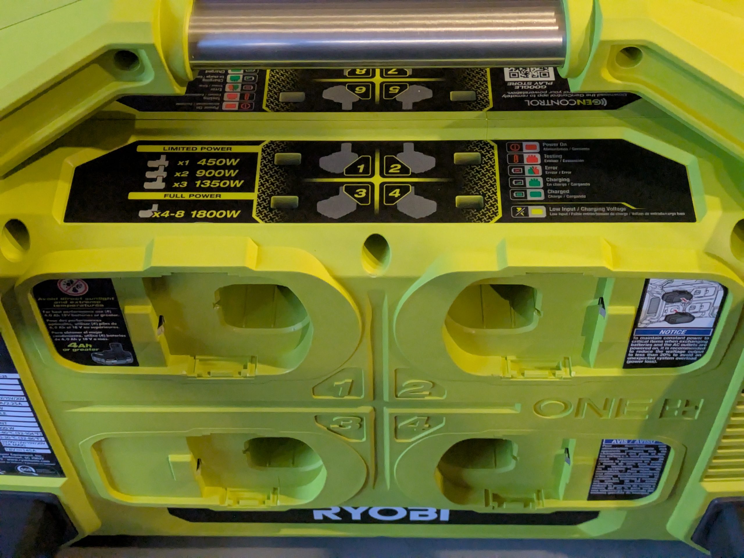 Ryobi power station label showing 450W for one battery, 900W for two, 1350W for three, and 1800W for four through eight