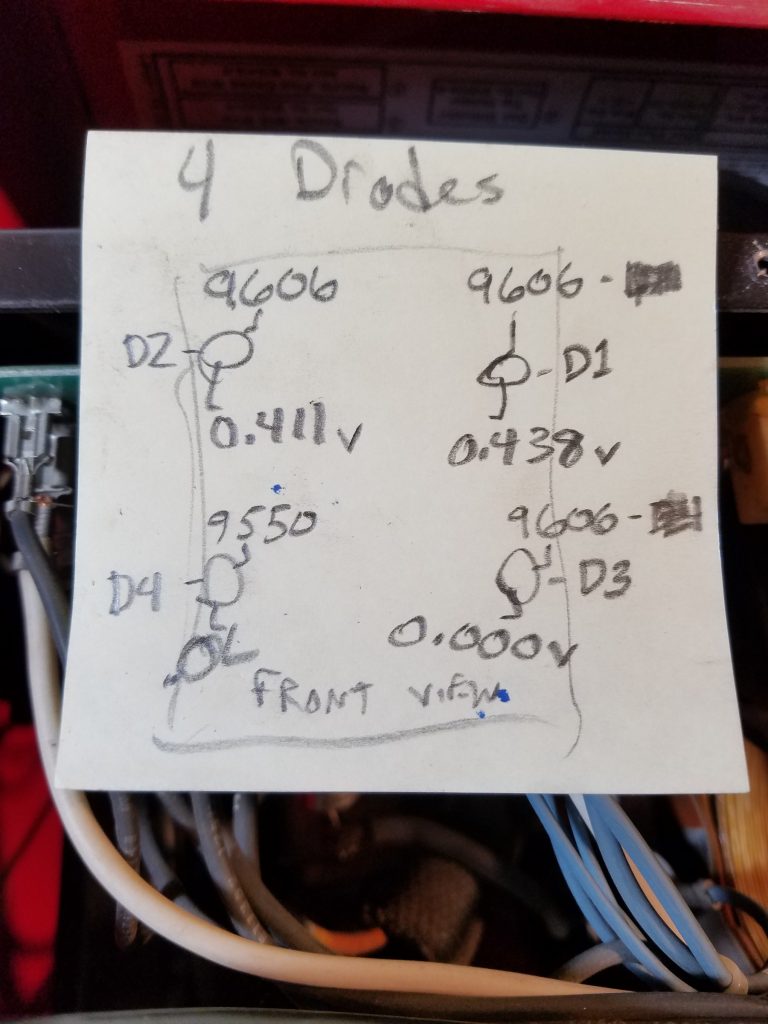 Handwritten sticky note titled 4 Diodes, a front view map with readings D2 0.411 V, D1 0.438 V, D4 OL and D3 0.000 V