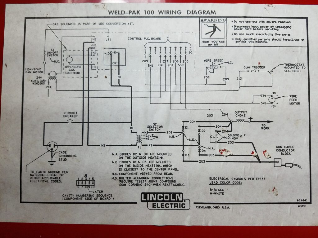 Lincoln Electric Weld-Pak 100 wiring diagram label showing the transformer, selector switch, four rectifier diodes D1 through D4, capacitor C1 and output choke