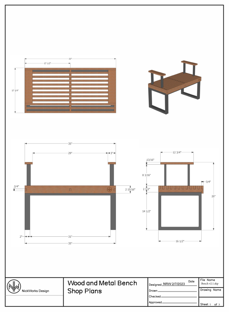 Shop plan sheet with top, front and side views and a perspective of the bench: 35 inch long top, 17 1/4 inch deep, 14 1/2 inch steel base
