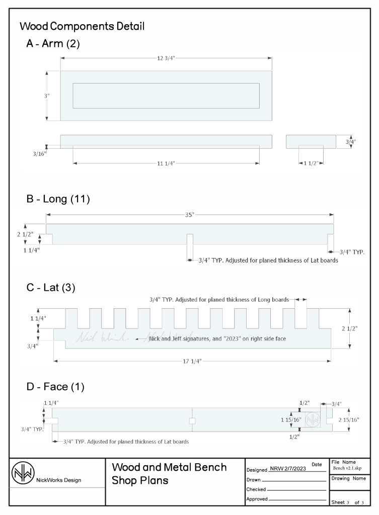 Shop plan detail of each wood part with dimensions, notes on several notches reading adjusted for planed thickness