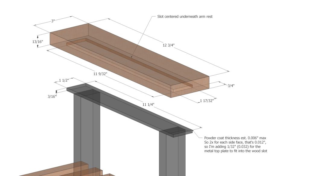 Exploded drawing of a wood arm rest with a slot underneath and the steel top plate it fits over, with a note on powder coat thickness