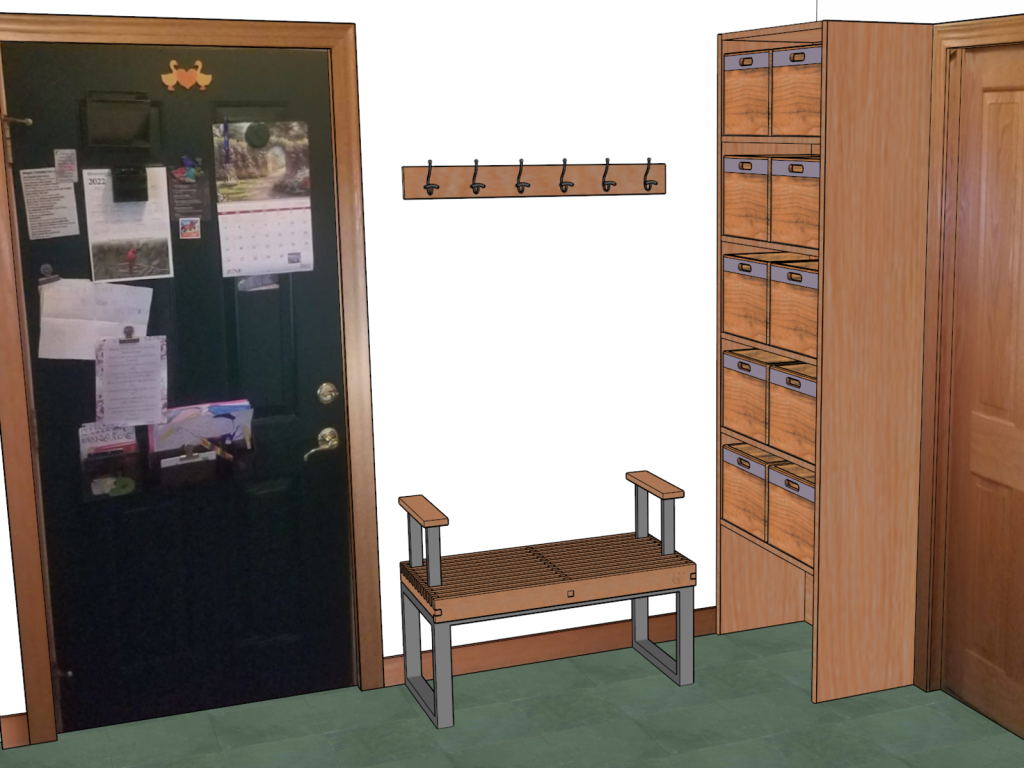 SketchUp model of a slatted wood bench with steel legs and arm rests, a coat rack and a tall cubby shelf unit, placed into a photo of an entry with a green exterior door