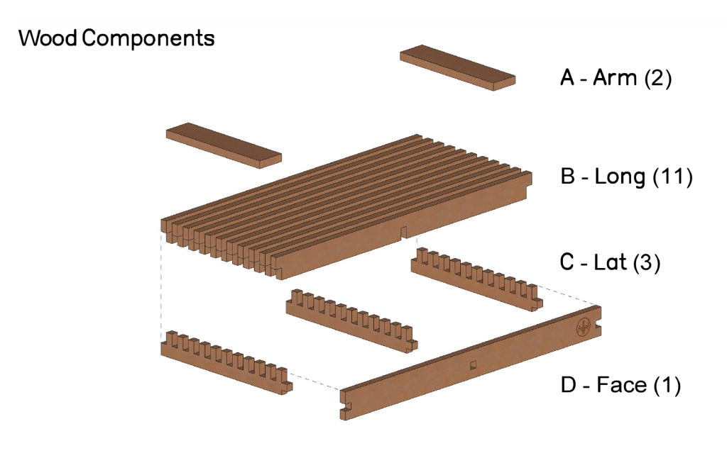 Exploded view of the wood parts: eleven long boards stacked on edge, three notched cross pieces, and a front face board with the NickWorks logo